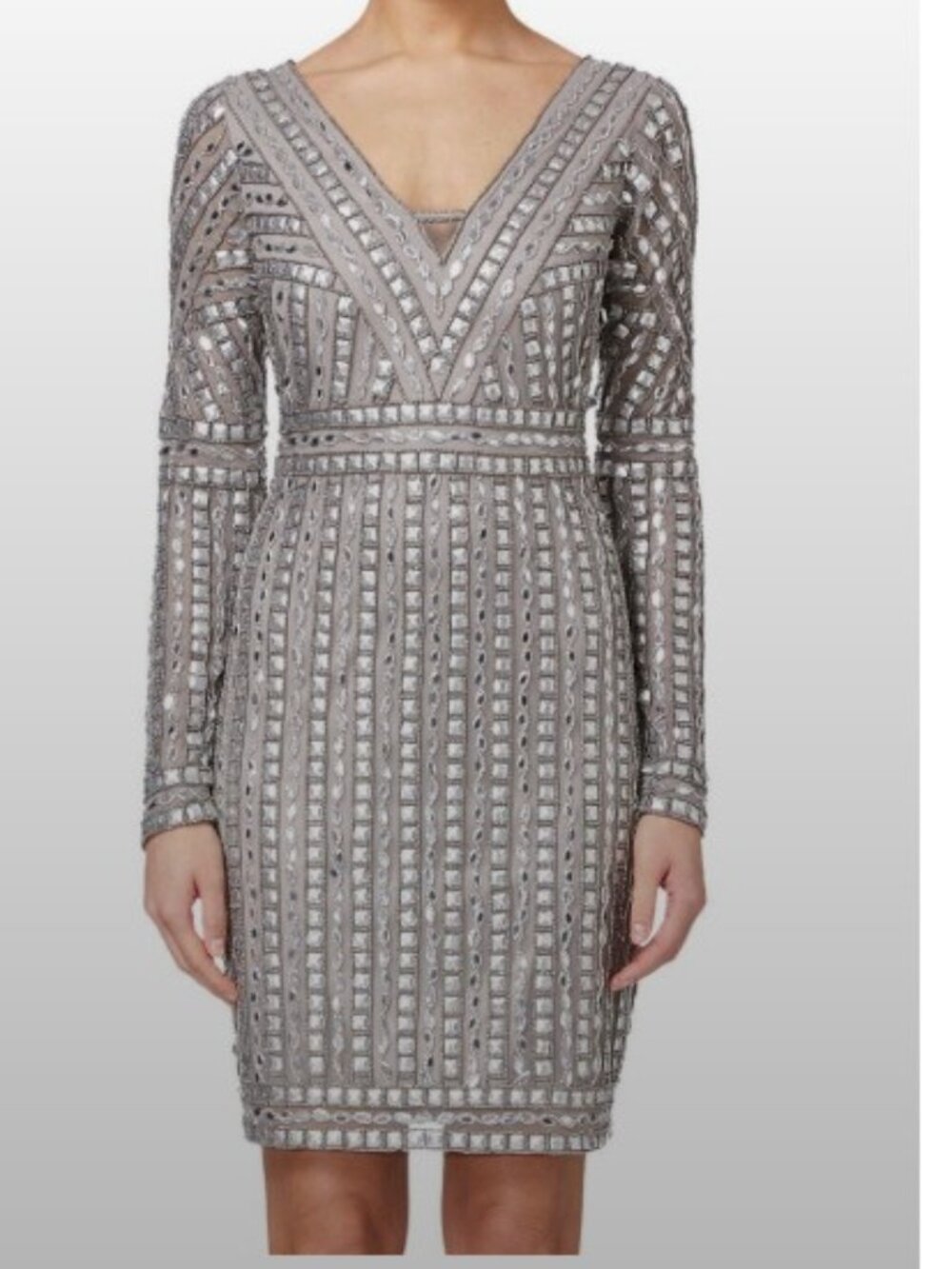 Adrianna Papell Silver Beaded V-Neck Long Sleeve Cocktail Sheath Dress Size 16